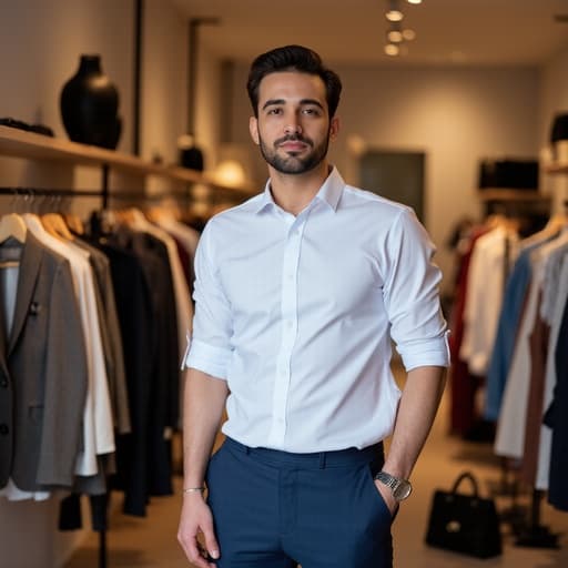 30대 중반의 중동계 남성이 세련된 비즈니스 캐주얼 의상을 입고 한 손을 허리에 대고 자신감 있는 자세로 패션 매장 내부에 서 있습니다. 다양한 의류와 액세서리가 세련되게 진열되어 있으며, 평온한 표정을 짓고 있습니다.
