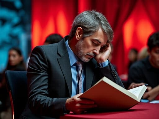 40대 초반의 유럽계 남성이 자연스러운 외모와 약간의 주름을 가지고, 세련된 정장과 멋진 액세서리를 착용한 모습의 반신 사진입니다. 그는 책을 손에 들고 불만스러운 표정을 지으며 읽고 있으며, 화려한 패션쇼 런웨이를 배경으로 하고 있습니다.