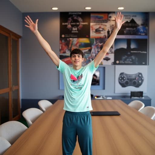 현대적인 회의실에서 운동하는 자세로 팔을 들어 올리며 자신감 넘치는 미소를 짓고 있는 10대 후반의 중동계 남성이 스포츠웨어를 착용한 반신 사진.