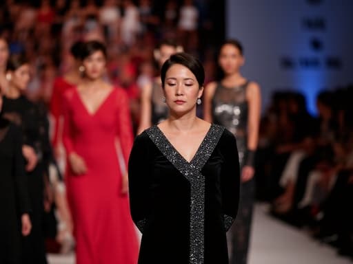 세련된 블랙 드레스를 입고 화려한 액세서리를 착용한 50대 초반의 동양인 여성이 손을 뒤로 가지런히 하고 눈을 감고 절망적인 표정을 짓고 있는 반신 촬영. 화려한 패션쇼 무대에서 모델들이 걷고 있는 배경이 함께 어우러져 있습니다.