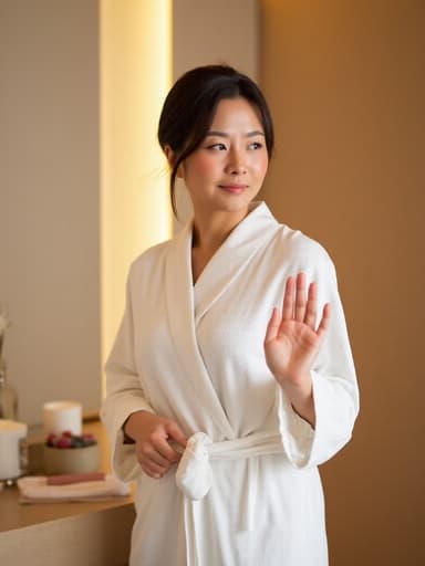 40대 중반의 동양인 여성이 편안한 스파 가운을 입고 약간 실망한 표정을 지으며 손을 들어 인사하는 모습의 반신 사진. 아름답게 꾸며진 스파 공간에서 부드러운 조명 아래 편안한 분위기를 연출합니다.