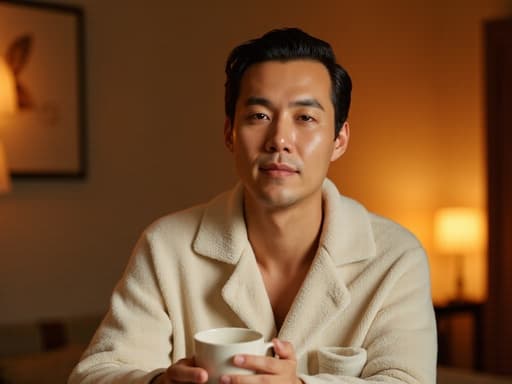 아늑한 침실 배경에서 편안한 홈웨어를 입은 30대 후반의 아시아계 남성이 테이블에 앉아 차를 마시며 차분한 표정을 짓고 있는 반신 샷. 따뜻한 조명이 아늑한 분위기를 연출하며, 전체적으로 편안하고 차분한 느낌을 줍니다.