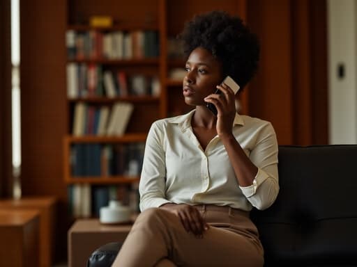 30대 초반의 아프리카계 여성의 반신 사진이 담겨 있으며, 편안한 블라우스와 슬랙스를 착용하고 있습니다. 조용한 도서관에서 전화 통화를 하며 불안한 표정을 짓고 있는 모습이 담겨 있습니다. 부드러운 조명이 그녀의 자연스러운 아름다움을 강조하며, 한 손으로 전화를 들고 다른 손은 가벼운 자세로 다리에 뻗고 있어 조용한 환경과 그녀의 불안한 표정 간의 대조를 만들어냅니다.