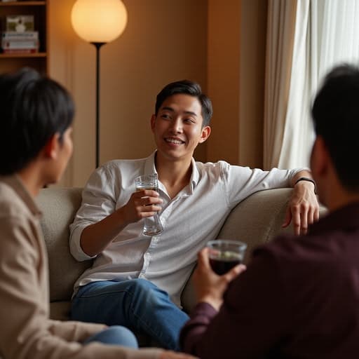 30대 후반의 친근한 한국 남성이 캐주얼한 셔츠와 청바지를 입고 편안한 거실에서 동료들과 함께 즐거운 시간을 보내고 있는 반신 사진. 따뜻한 표정을 지으며 다리를 뻗고 음료를 들고 앉아 있어, 친목의 즐거운 분위기를 잘 표현하고 있습니다.