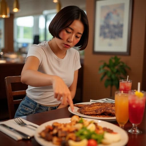20대 중반의 동양인 여성이 캐주얼한 티셔츠와 청바지를 입고 아늑한 카페의 테이블에서 음식을 집으려다 실망한 표정을 짓고 있습니다. 테이블 위에는 맛있게 차려진 바베큐 플래터와 음료가 놓여 있어 따뜻하고 초대하는 분위기를 자아냅니다.