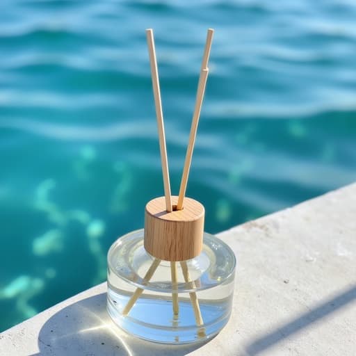 우아한 향수 디퓨저, 반투명 유리, 섬세한 나무 장식, 푸른 바다 파도 근처, 물에 반사되는 자연광, 부드러운 그림자, 수면을 일렁이는 미세한 바람, 유리의 미세한 결함, 디퓨저에 초점, 얕은 심도, 고요하고 여름 같은