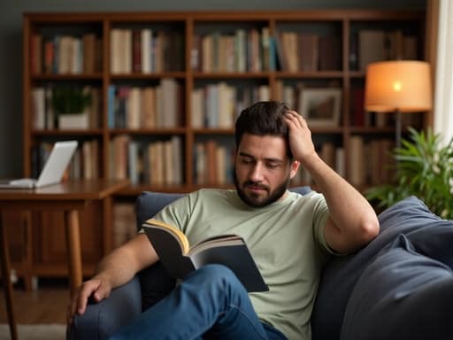 편안한 소파에 앉아 책을 읽고 있는 30대 중반의 유럽계 남성을 반신으로 촬영한 사진입니다. 그는 편안한 티셔츠와 청바지를 입고 있으며, 피곤하지만 편안한 표정을 지으며 온라인 강의실로 꾸며진 아늑한 거실에서 학습의 편안함을 잘 표현하고 있습니다.