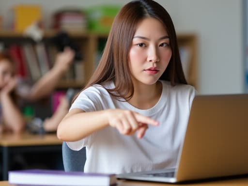 중반 20대 아시아계 여성이 교실에서 편안한 티셔츠와 청바지를 입고 놀란 표정으로 노트북 화면을 가리키고 있습니다. 주변에는 학습 자료들이 가득 차 있어 학습의 초대받는 분위기를 자아냅니다.