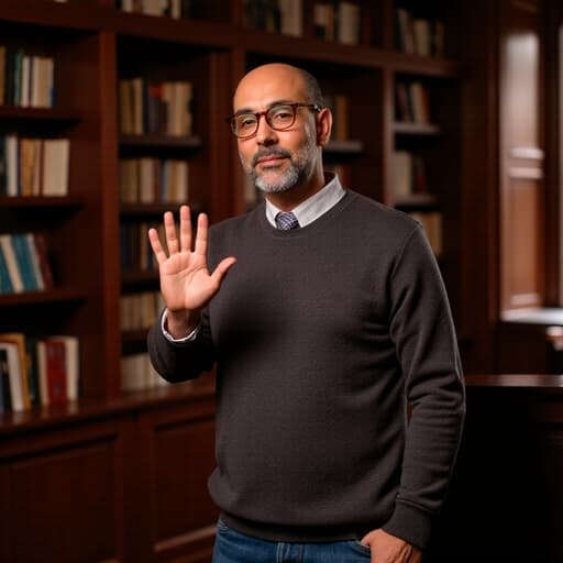 50대 초반의 중동계 남성이 편안한 니트와 청바지를 착용하고 고급스러운 나무 책장이 가득한 도서관에서 서 있는 반신 사진입니다. 그는 한 손을 들어 인사하며 차가운 표정을 짓고 있어, 따뜻하면서도 세련된 분위기를 자아냅니다.