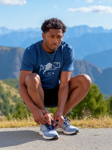 30대 후반의 자연스러운 외모를 가진 흑인 남성이 운동용 티셔츠와 반바지를 입고 한쪽 발을 들어올려 운동화를 신는 모습으로 반신 샷이 촬영되었습니다. 걱정스러운 표정을 지으며, 배경에는 푸른 산이 펼쳐져 있어 평화롭고 모험적인 분위기를 자아냅니다.