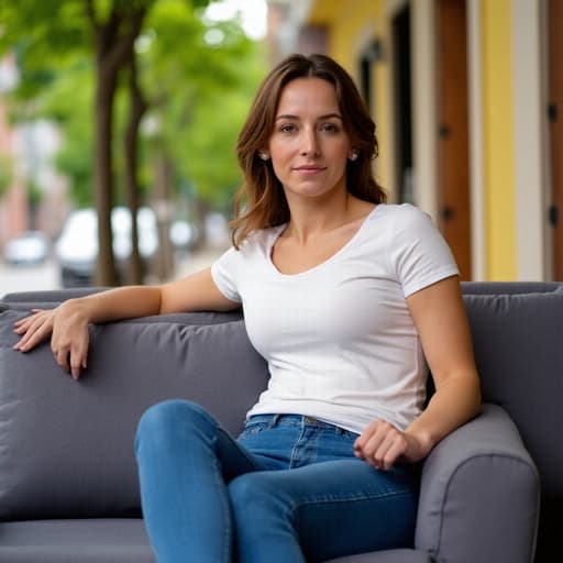 30대 후반의 혼혈 여성이 편안한 티셔츠와 청바지를 입고 소파에 앉아 평온한 표정을 짓고 있는 반신 촬영. 배경에는 나무와 빌딩이 어우러진 도시 풍경이 보이며, 고요한 분위기를 자아냅니다.