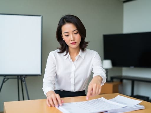 30대 초반 동양인 여성이 포멀한 블라우스와 스커트를 입고, 현대적인 회의실에서 문서를 가리키며 불만을 드러내고 있는 반신 사진.