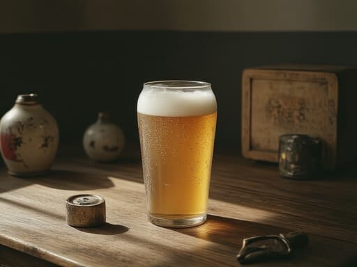 빈티지 앤티크 숍에 있는 맥주, 날씨에 의해 손상된 나무 테이블에 놓여져 있으며, 아늑한 분위기를 연출합니다.