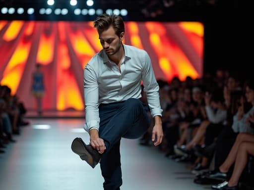 30대 초반의 유럽계 남성이 세련된 신발을 신기 위해 한쪽 다리를 들어올리며 집중하는 모습, 화려한 패션쇼 배경 속에서 모델들과 관중들이 있는 역동적인 분위기 속에서 편안하면서도 세련된 감정을 드러내고 있습니다.