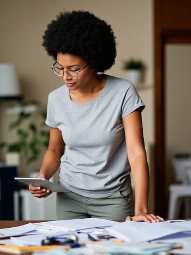 편안한 티셔츠와 슬랙스를 입은 30대 중반의 아프리카계 여성이 한 손에 태블릿을 들고 다른 손으로는 정돈되지 않은 사무실의 책상을 청소하고 있는 모습. 피곤한 표정은 바쁜 직장 생활의 스트레스를 반영하고 있으며, 자연스럽고 공감 가는 방식으로 포착되었습니다.