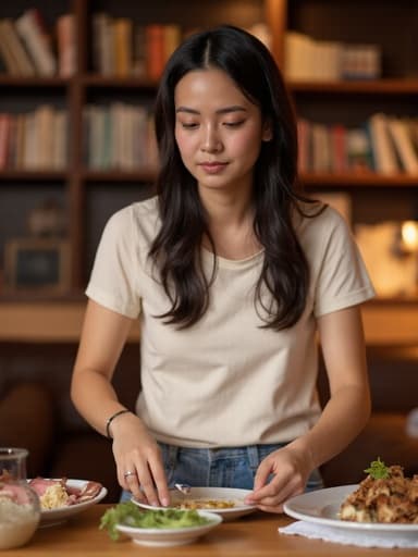 20대 초반의 동양인 여성이 편안한 티셔츠와 청바지를 입고 자연스러운 모습으로 반신 촬영되었으며, 피곤한 표정을 지으며 테이블 위의 요리 재료를 정리하고 있다. 따뜻하고 아늑한 카페 배경이 책장과 소파로 꾸며져 있어 친밀하고 편안한 분위기를 자아낸다.