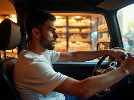 20대 중반의 중동계 남성이 캐주얼한 티셔츠와 청바지를 입고, 핸들에 손을 얹고 약간 앞으로 기울어진 자세로 우울한 표정을 짓고 있는 반신 촬영. 배경은 다양한 빵과 패스트리가 진열된 베이커리 내부로, 따뜻하면서도 대조적인 분위기를 형성합니다.