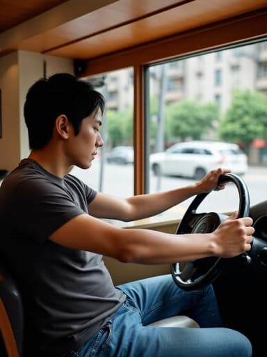 30대 중반의 한국인 남성이 캐주얼한 티셔츠와 청바지를 입고 카페 창가 자리에 앉아, 운전대를 잡고 차가운 표정으로 도로를 응시하고 있는 모습. 외부에는 차량이 지나가는 활기찬 도시 배경이 펼쳐진다.