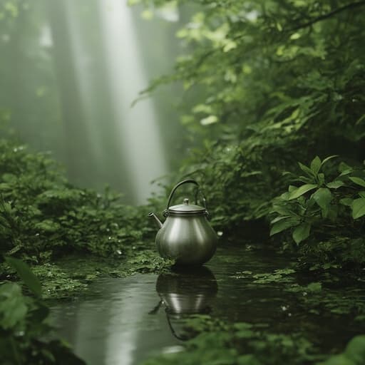 아침 이슬이 맺힌 숲속에 놓인 주전자로 부드러운 자연광이 나뭇잎 사이로 스며들며 고요하고 신선한 분위기를 연출합니다.