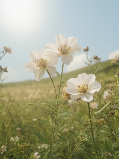 맑은 하늘 아래 푸른 잔디 위에 자연스럽게 배치된 드라이플라워, 평화롭고 고요한 분위기.
