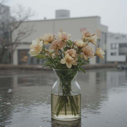 유리 꽃병에 담긴 드라이플라워, 섬세한 꽃잎, 부드러운 색상, 수면에 맺힌 물방울, 비 오는 도시 거리 배경, 고요하고 차분하며 반사적입니다.