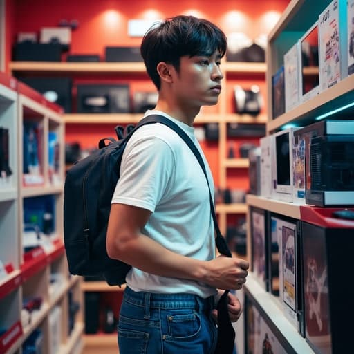 20대 초반의 한국 남성이 전자 매장 안에 서서 편안한 티셔츠와 청바지를 입고, 걱정스러운 표정을 지으며 트렌디한 가방의 스트랩을 잡고, 화려한 전자기기와 게임기들 속에서 무언가에 깊이 생각하며 집중하는 모습입니다.