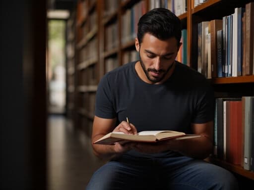 30대 후반의 라틴계 남성이 편안한 티셔츠와 청바지를 입고, 책을 읽으며 한 손으로 페이지를 넘기고 있는 모습이 반신 촬영으로 담겨 있습니다. 집중한 표정을 지으며, 조용한 도서관의 책장 사이에서 편안한 분위기를 만들어내고 있습니다.