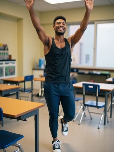 30대 초반 혼혈 남성이 편안한 운동복을 입고 자연스러운 미소를 지으며 운동 자세를 취하고 있는 모습이 책상과 의자가 있는 강의실에서 포착되었으며, 에너지와 동기를 상징하고 있습니다.