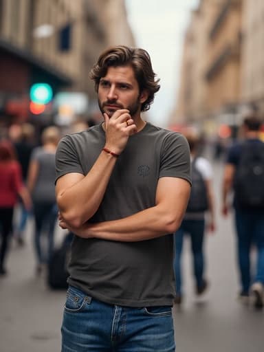 이 이미지는 30대 초반의 유럽계 남성이 테이블에 앉아 편안한 티셔츠와 청바지를 입고 있는 모습을 담고 있습니다. 그는 손으로 턱을 받치며 깊은 생각에 잠긴 슬픈 표정을 지으며, 배경에는 사람들이 오가는 분주한 거리 풍경이 있어 역동적이면서도 사색적인 분위기를 연출합니다.