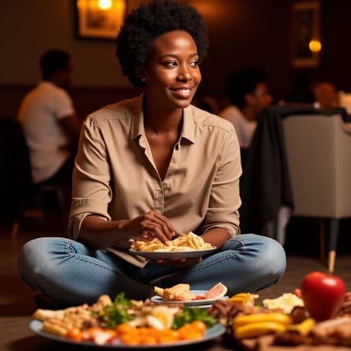 40대 중반의 흑인 여성이 아늑한 식당 바닥에 앉아 다양한 파티 음식을 즐기고 있는 모습이 반신 촬영으로 담겨 있습니다. 그녀는 캐주얼한 블라우스와 청바지를 입고 차분한 표정으로 미소를 지으며 음식들 사이에 앉아 있습니다. 따뜻한 조명이 아늑한 분위기를 더해 주며, 전체적으로 편안하고 즐거운 느낌을 줍니다.
