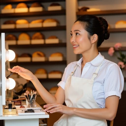 50대 초반 아시아계 여성의 반신 사진으로, 흰색 앞치마를 입고 머리를 묶고 있습니다. 그녀는 화장대 쪽을 바라보며 메이크업 도구를 들고 있고, 피곤한 표정 속에서도 따뜻한 미소를 잃지 않고 있습니다. 아늑한 베이커리 내부에서 갓 구운 빵과 케이크가 진열된 모습이 함께 어우러져 있습니다.