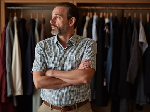 50대 초반의 중동계 남성이 세련된 체크 무늬 셔츠와 캐주얼 팬츠를 입고 팔짱을 끼고 다양한 의상이 걸려 있는 옷장을 바라보며 생각에 잠긴 모습의 반신 사진. 그의 표정은 피곤하며 약간의 지친 느낌이 드는 모습이다.