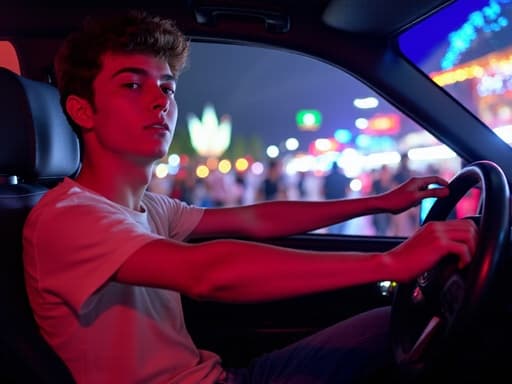 10대 후반의 유럽계 남성이 차가운 표정으로 집중하며 운전대에 손을 얹고 있는 모습이 반신 샷으로 포착되었습니다. 그는 편안한 티셔츠, 청바지, 스니커즈를 착용하고 있으며, 배경은 화려한 조명과 사람들로 가득한 축제장입니다. 그의 집중된 모습과 활기찬 분위기 간의 대비가 강조됩니다.