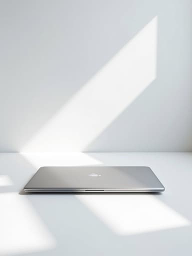 미니멀 화이트 스튜디오 배경에 있는 세련된 실버 노트북, 자연광, 자세한 질감, 부드러운 그림자, 표면의 반사, 깔끔하고 현대적이며 전문적입니다.