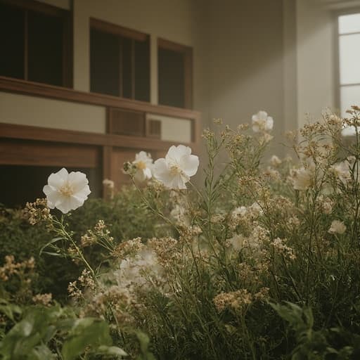 드라이플라워, 섬세한 꽃잎, 부드러운 자연 색상, 클래식 오케스트라 홀에, 따뜻한 분위기의 조명, 나무 장식, 화려한 건축, 미세한 그림자가 따뜻하고 매력적인 분위기를 연출합니다.