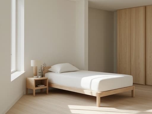 단독 침대, 가구가 큰 창문을 통해 햇볕이 비치는 밝은 실내에서 아늑한 분위기