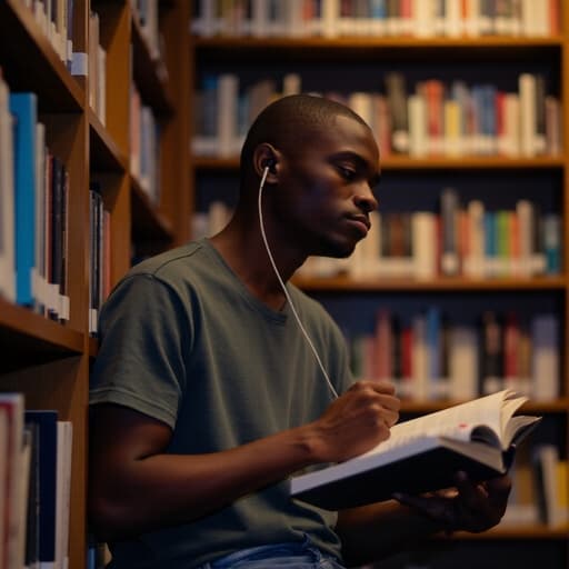20대 초반의 흑인 남성이 캐주얼한 티셔츠와 청바지를 입고 조용한 도서관에 앉아 있습니다. 그는 이어폰을 착용하고, 음악을 들으며 책을 읽고 있어 깊은 생각에 잠긴 표정을 짓고 있습니다. 책장 배경이 이 순간의 평온한 분위기를 더해줍니다.