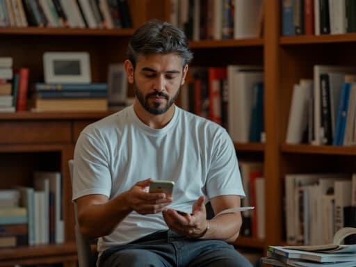 40대 초반의 혼혈 남성이 편안한 티셔츠와 바지를 입고 고민하는 표정을 지으며 전화를 한 손에 들고 다른 손으로 책을 바라보는 반신 촬영된 모습입니다. 책과 노트가 가득한 스터디룸에서 깊은 사색과 지성을 전달하는 분위기가 연출됩니다.