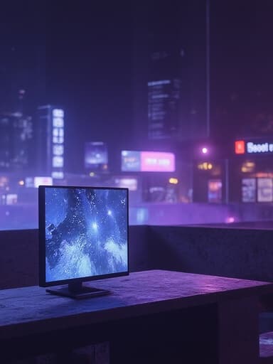 모니터, 디지털 기기, 빛나는 도시의 밤 풍경, 차분하고 현대적이며 세련됨