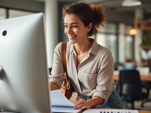 이 이미지는 20대 후반의 라틴계 여성으로 현대적인 사무실 환경에서 앉아 밝게 미소 짓고 있는 모습입니다. 그녀는 캐주얼한 블라우스와 청바지를 입고 어깨에 가방을 메고 있으며, 컴퓨터 화면을 바라보며 일에 몰두하고 있습니다. 행복함과 생산성을 나타내는 장면입니다.