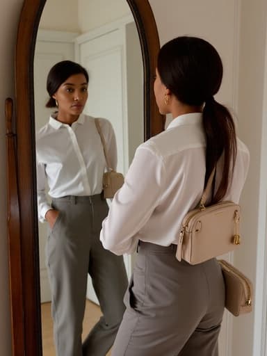 현대적인 의상을 입은 아프리카계 젊은 여성이 거울 앞에 서서 지루한 표정을 지으며 자신의 모습을 살펴보고 있습니다. 한쪽 어깨에는 가방을 메고 있으며, 세련된 인테리어가 그녀의 현대적인 모습을 강조합니다.