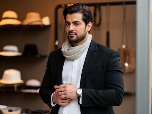 30대 후반의 중동계 남성이 깔끔한 화이트 셔츠와 블랙 재킷을 착용하고, 세련된 시계와 스카프로 포인트를 주며, 패션 매장에서 액세서리를 선택하는 차분한 표정을 지은 반신 사진. 다양한 액세서리가 진열된 세련된 매장 배경 속에 있습니다.