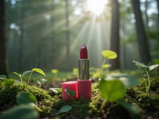립 틴트, 생기 있는 색상, 매끄러운 질감, 아침 안개가 낀 숲의 중앙에 배치, 나무 사이로 부드러운 자연광이 비추고, 잎 위에 미세한 이슬, 고요하고 신선하며 자연적인.