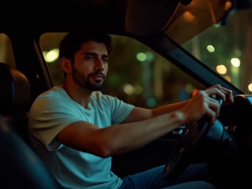 20대 후반의 중동계 남성이 캐주얼한 티셔츠와 청바지를 입고, 피곤한 표정을 지으며 운전대에 손을 올리고 있는 모습의 반신 사진. 어두운 조명의 바 분위기 속에서 운전 중인 모습이 긴 하루의 여정을 전달합니다.