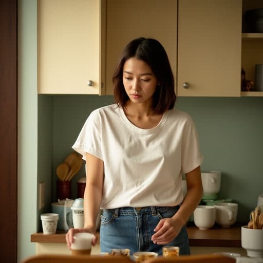 20대 중반의 동양인 여성이 편안한 티셔츠와 청바지를 입고 아늑한 주방에서 반신을 촬영한 모습입니다. 그녀는 걱정스러운 표정을 지으며 테이블 위의 음료를 조심스럽게 들고 있으며, 따뜻한 주방 배경이 장면의 감정적인 깊이를 더하고 있습니다.