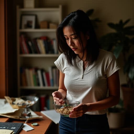 30대 중반의 라틴계 여성이 공부방에서 편안한 티셔츠와 바지를 입고, 요리 재료를 들고 우울한 표정을 짓고 있습니다. 책과 노트가 가득한 어지러운 책상이 사색의 분위기를 더합니다.