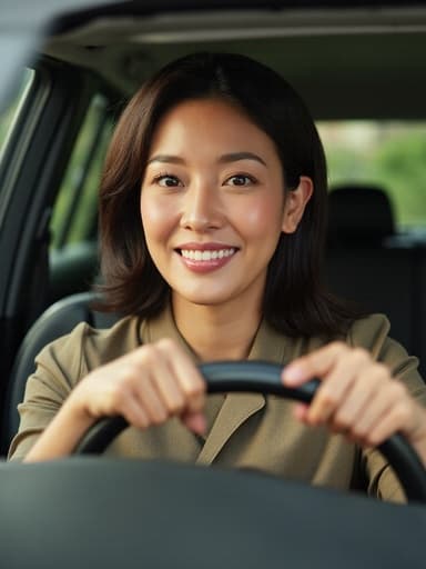 40대 중반의 동양인 여성이 핸들을 잡고 자연스러운 미소를 지으며 자신감 있는 모습으로 반신 촬영되었습니다. 세련된 블라우스와 멋진 액세서리로 패션 감각을 뽐내며 부드러운 조명이 비치는 스튜디오 배경에서 우아한 분위기를 연출합니다.