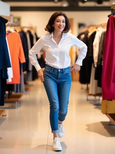40대 중반의 자신감 넘치는 아시아계 여성이 패션 매장에서 즐겁게 달리며 스타일리시한 블라우스와 청바지, 세련된 운동화를 착용하고 있습니다. 주변의 다양한 의상 진열이 활기찬 쇼핑 분위기를 만들어내며, 그녀의 편안하고 자신감 있는 표정을 강조합니다.