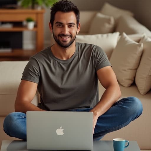 20대 후반의 중동계 남성이 편안한 티셔츠와 청바지를 입고 아늑한 거실에 앉아 있습니다. 그는 친근한 미소를 지으며 앞에 있는 노트북과 상호작용하고 있으며, 부드러운 소파와 테이블에 둘러싸여 따뜻하고 초대하는 분위기를 만들어내어 현대적인 가정 생활을 반영하고 있습니다.