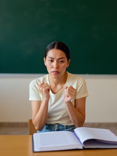 강의 중 집중하지 못하고 분노한 표정을 짓고 있는 30대 초반의 아시아계 여성의 반신 사진. 편안한 티셔츠와 청바지를 입고 있으며, 팔을 구부리고 손을 쥐고 운전하는 듯한 자세를 취하고 있고, 배경에는 책상과 칠판이 있는 교실이 있다.
